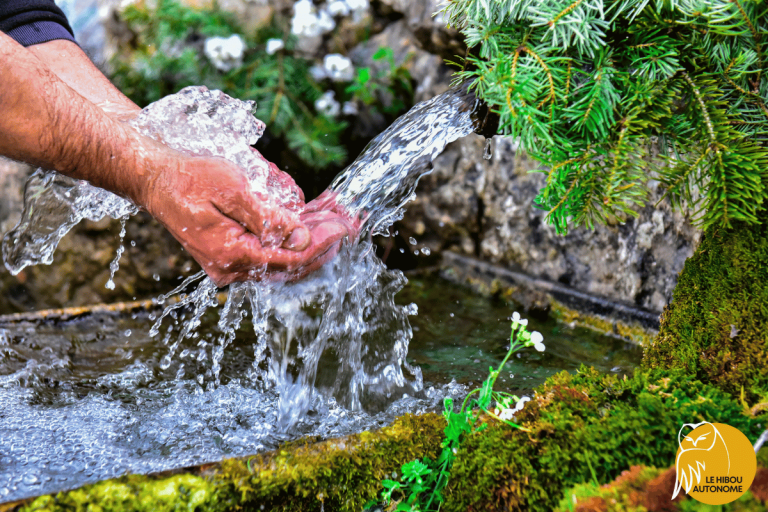homme qui boit de l'eau à une source en forêt