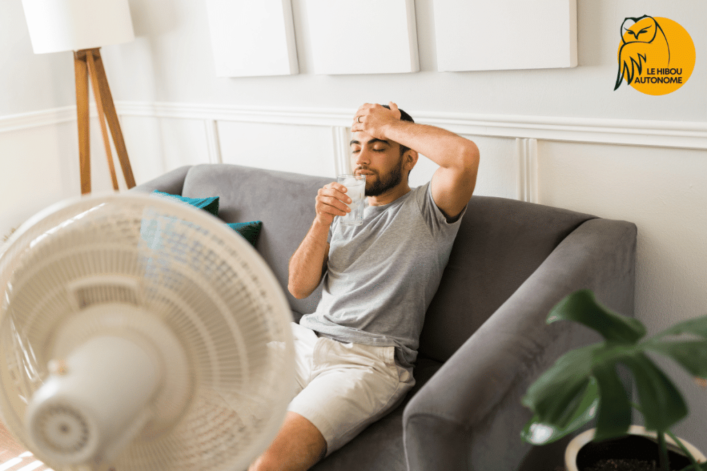 homme qui boit de l'eau fraiche devant le ventilateur pendant la canicule